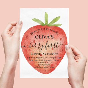 Watercolor Strawberry 1st Birthday Party Invitation