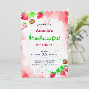 Watercolor Strawberry  1st Birthday  Sweet Vibrant Invitation
