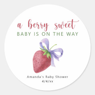 Watercolor strawberry and bow Baby shower Classic Round Sticker
