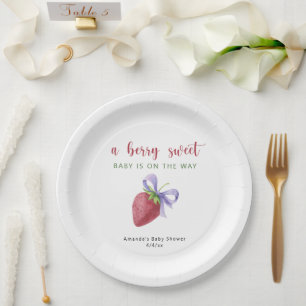 Watercolor strawberry and bow Baby shower Paper Plate