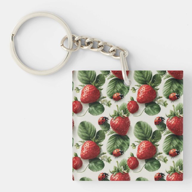 Watercolor Strawberry and Ladybug Seamless Pattern Key Ring (Front)