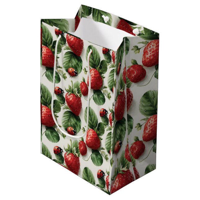 Watercolor Strawberry and Ladybug Seamless Pattern Medium Gift Bag (Front Angled)