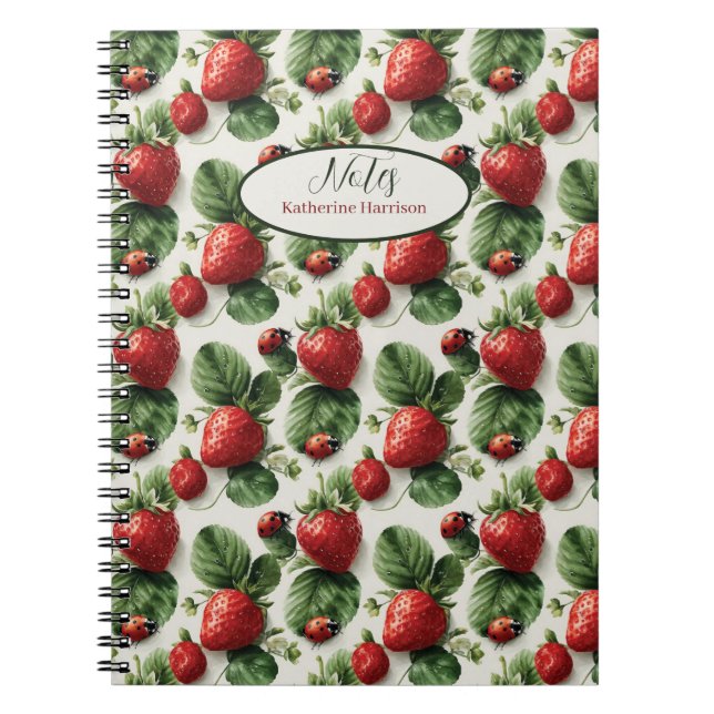 Watercolor Strawberry and Ladybug Seamless Pattern Notebook (Front)