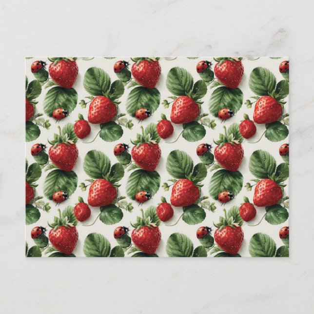 Watercolor Strawberry and Ladybug Seamless Pattern Postcard (Front)