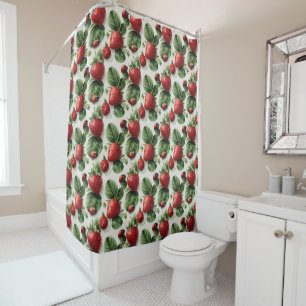 Watercolor Strawberry and Ladybug Seamless Pattern Shower Curtain