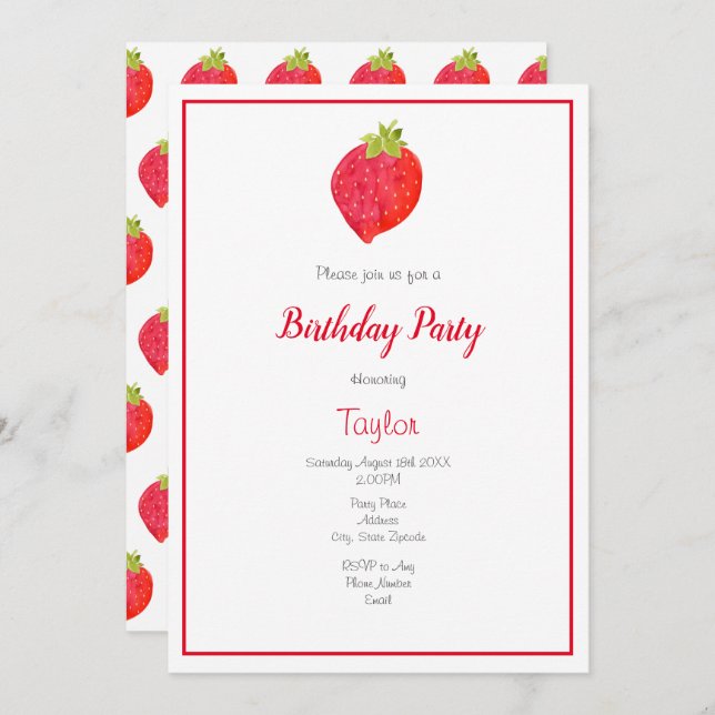 Watercolor Strawberry and Pattern Invitation (Front/Back)