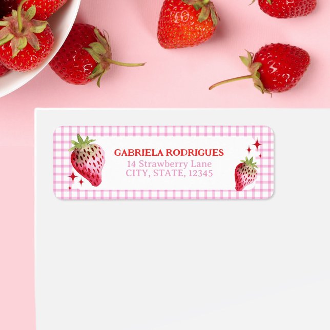 Watercolor Strawberry and Pink Gingham Checks (Watercolor Strawberry and Pink Gingham Checks Label)