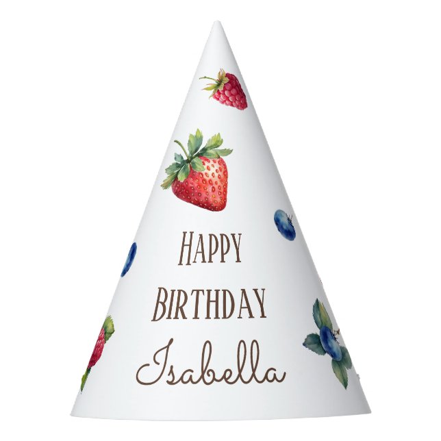 Watercolor Strawberry Baby Berry First Birthday Party Hat (Front)