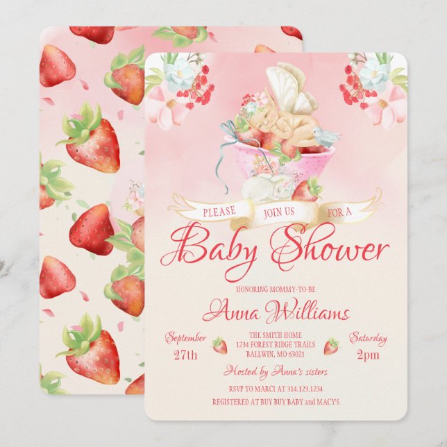 Watercolor Strawberry Baby Fairy Baby Shower Invitation (Front/Back)