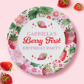 Watercolor Strawberry Berry 1st Birthday Girls Paper Plate