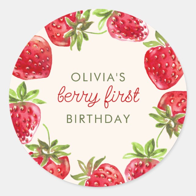 Watercolor Strawberry Berry First 1st Birthday Classic Round Sticker (Front)