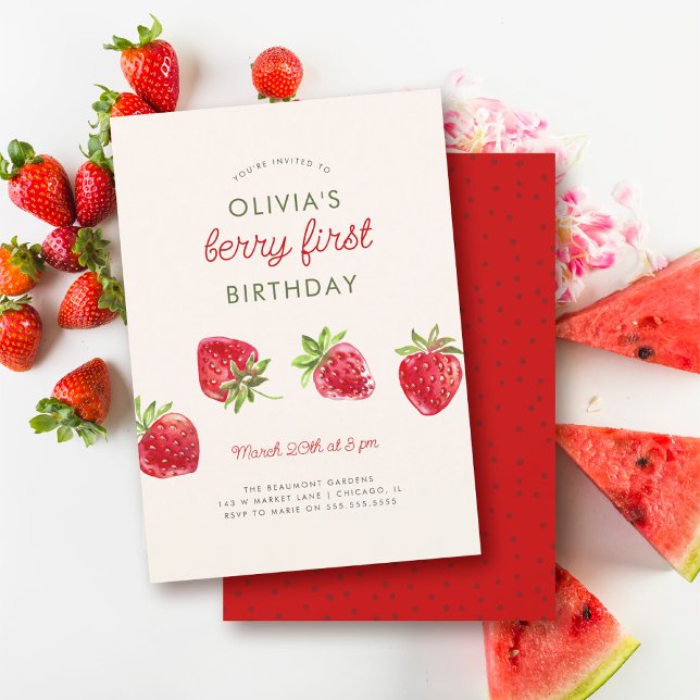 Watercolor Strawberry Berry First 1st Birthday Invitation (Creator Uploaded)