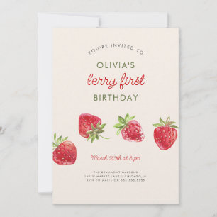 Watercolor Strawberry Berry First Birthday Invitation