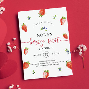 Watercolor Strawberry Berry First Birthday  Invitation