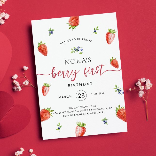 Watercolor Strawberry Berry First Birthday  Invitation (Creator Uploaded)