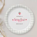 Watercolor Strawberry Berry First Birthday Party Paper Plate<br><div class="desc">Custom-designed girl's first birthday party paper plates featuring "berry first" modern hand script with watercolor strawberries and buffalo check design.</div>
