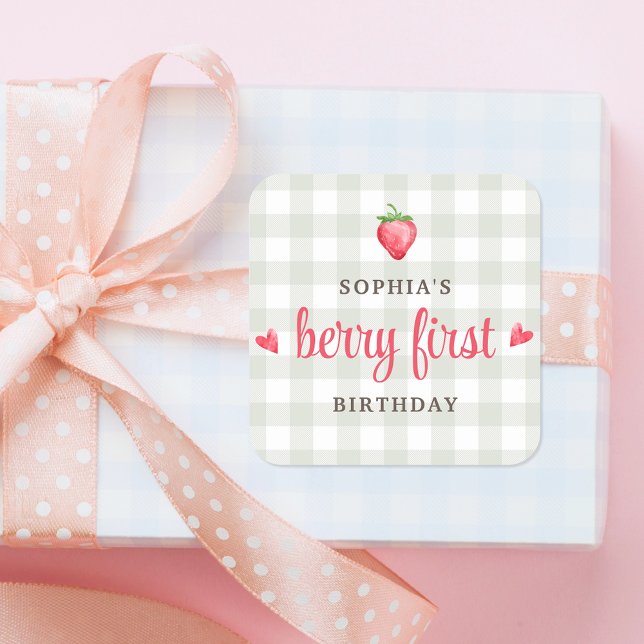 Watercolor Strawberry Berry First Birthday Square Sticker (Creator Uploaded)