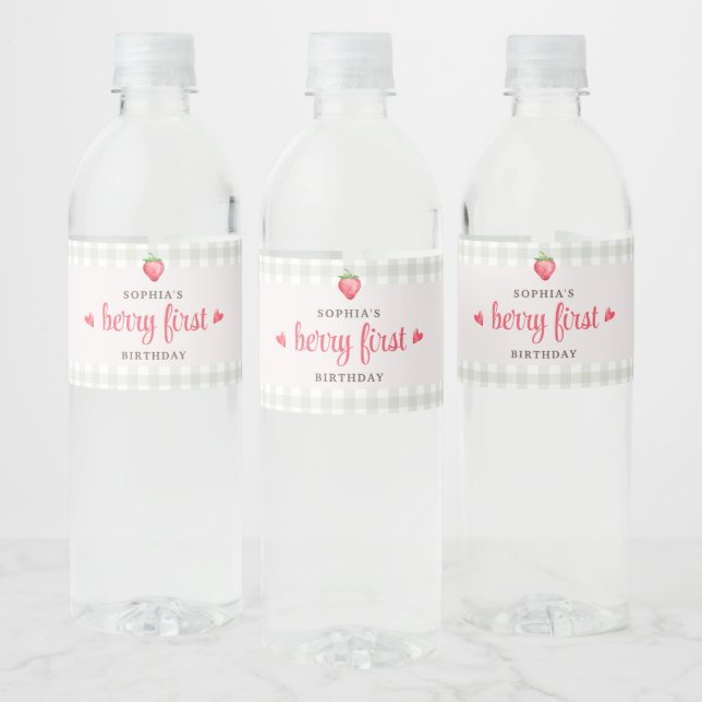 Watercolor Strawberry Berry First Birthday Water Bottle Label (Bottles)
