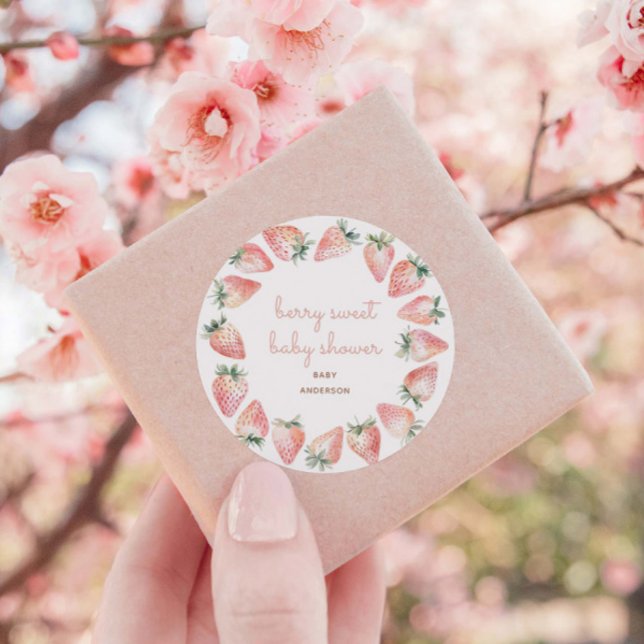 Watercolor Strawberry Berry Sweet Baby Shower Classic Round Sticker (berry sweet baby shower sticker with watercolor pink strawberries and coquette script text)