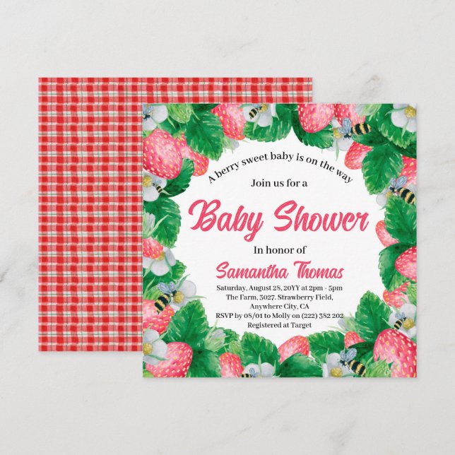 Watercolor Strawberry Berry Sweet Baby Shower Invitation (Front/Back)