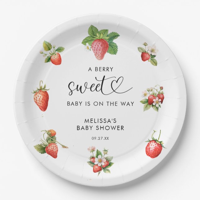 Watercolor Strawberry Berry Sweet Baby Shower Paper Plate (Front)