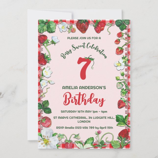 Watercolor Strawberry Berry Sweet Birthday Invitation (Front)