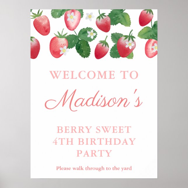 Watercolor Strawberry Berry Sweet Birthday Welcome Poster (Front)