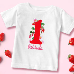 Watercolor Strawberry Birthday Girl Pink and Red Baby T-Shirt