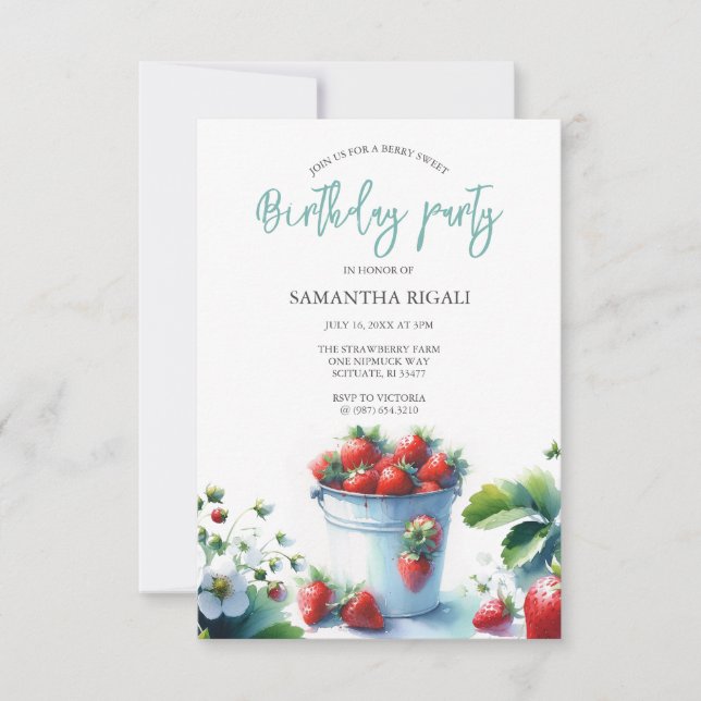 Watercolor Strawberry Birthday Party Invitations (Front)
