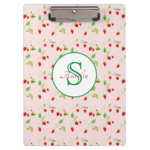 Watercolor Strawberry Blossom Pattern Monogram Clipboard
