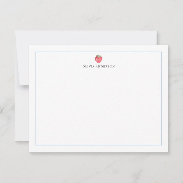 Watercolor Strawberry Blue Border Personalized Card (Front)