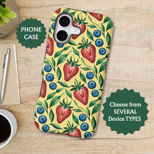 Watercolor Strawberry Blueberry Pattern on Yellow 