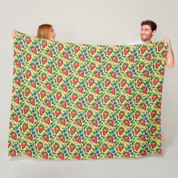 Watercolor Strawberry Blueberry Pattern on Yellow  Fleece Blanket