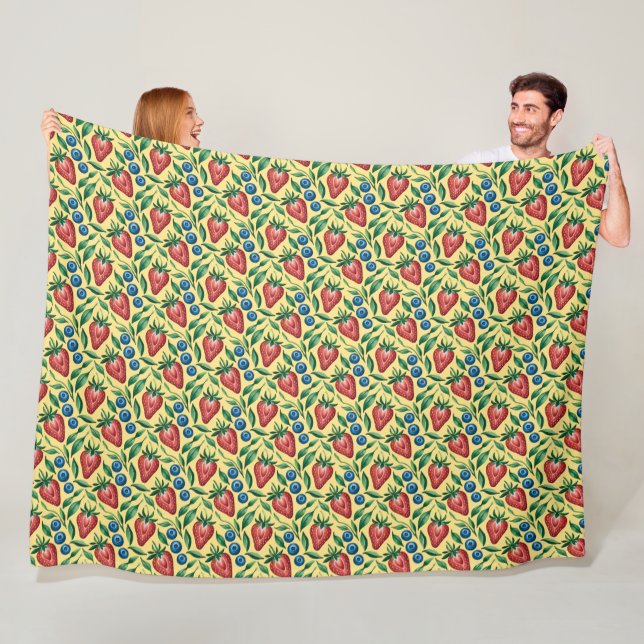 Watercolor Strawberry Blueberry Pattern on Yellow  Fleece Blanket (In Situ)