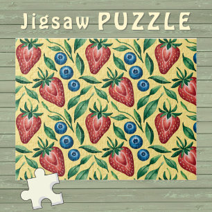 Watercolor Strawberry Blueberry Pattern on Yellow  Jigsaw Puzzle