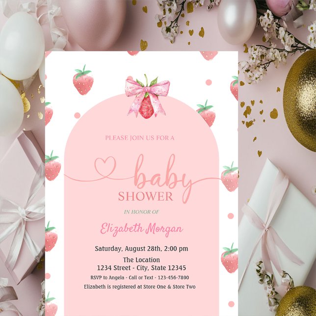 Watercolor Strawberry Bow Baby Shower  Invitation (Creator Uploaded)