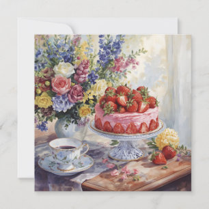 Watercolor Strawberry Cake and Flowers Still Life Card