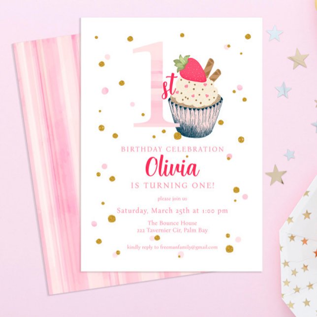Watercolor Strawberry Cupcake 1st Birthday Invitat Invitation (Creator Uploaded)