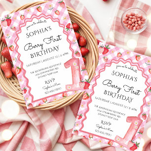 Watercolor Strawberry First 1st Birthday Invitation