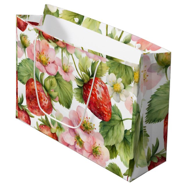 Watercolor Strawberry Fruit and Pink Flowers Large Gift Bag (Front Angled)