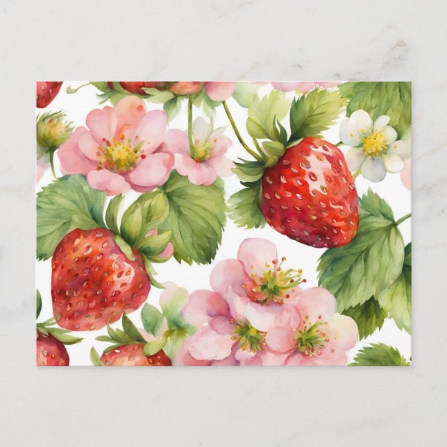 Watercolor Strawberry Fruit and Pink Flowers Postcard (Front)