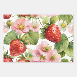 Watercolor Strawberry Fruit and Pink Flowers Wrapping Paper Sheet