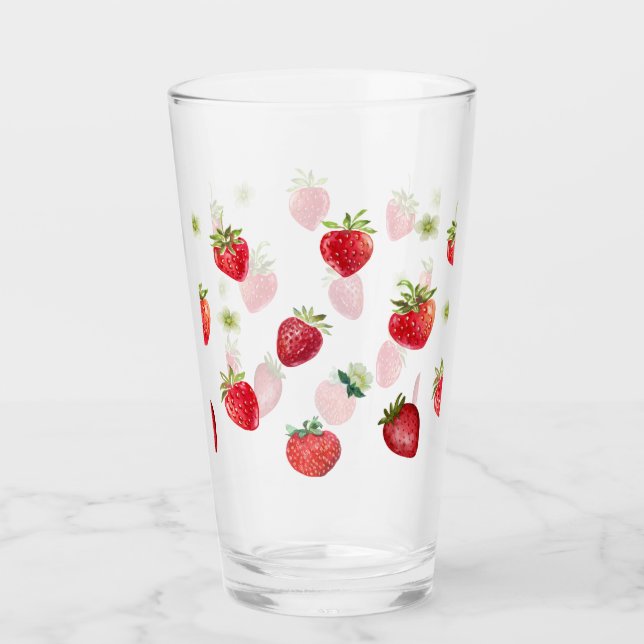 Watercolor Strawberry Fruit and Strawberry Flowers Glass (Front)