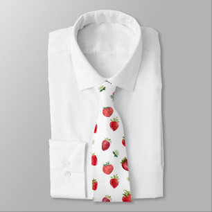 Watercolor Strawberry Fruit and Strawberry Flowers Tie