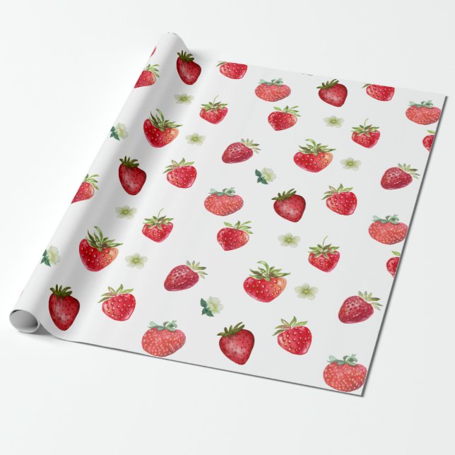 Watercolor Strawberry Fruit and Strawberry Flowers Wrapping Paper (Unrolled)