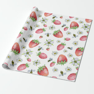 Watercolor Strawberry Fruit, Bees and Flowers Wrapping Paper