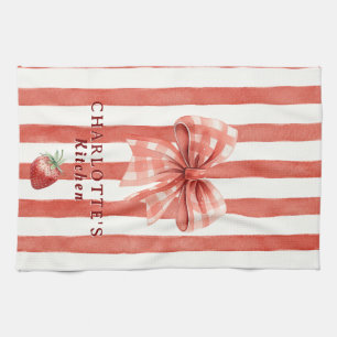 Watercolor Strawberry Gingham Bow Red Stripe Tea Towel