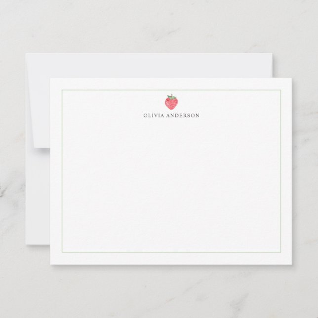 Watercolor Strawberry Green Border Personalized Card (Front)