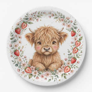 Watercolor Strawberry Highland Cow Farmhouse Paper Plate