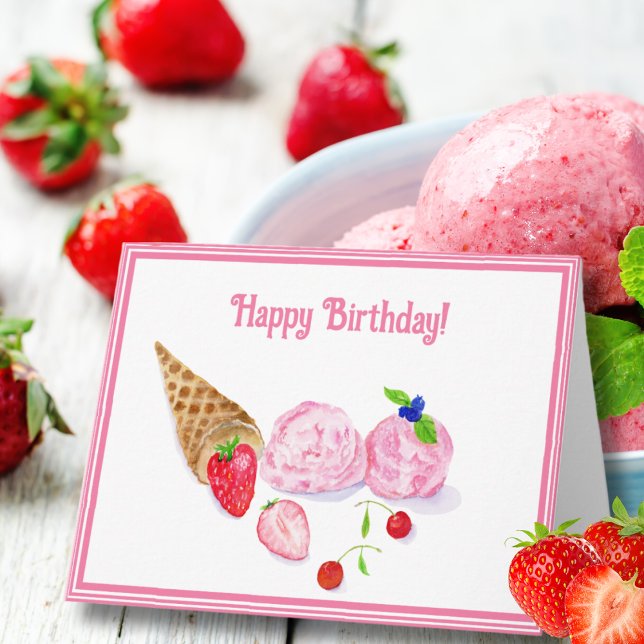 Watercolor Strawberry Ice Cream Cherries Birthday Card (A hand painted watercolor of a strawberry ice cream with strawberries as a birthday card.)